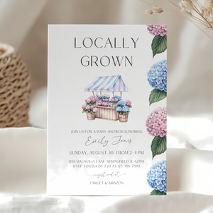 Baby Shower Invitation - Locally Grown Flowers Market Stand Pink Blue Hydrangeas BS98