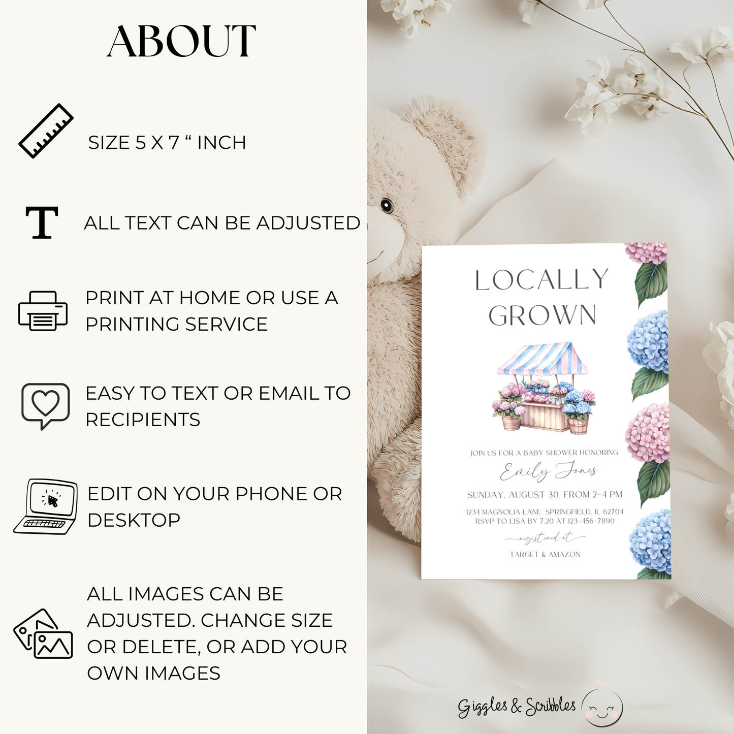 Baby Shower Invitation - Locally Grown Flowers Market Stand Pink Blue Hydrangeas BS98