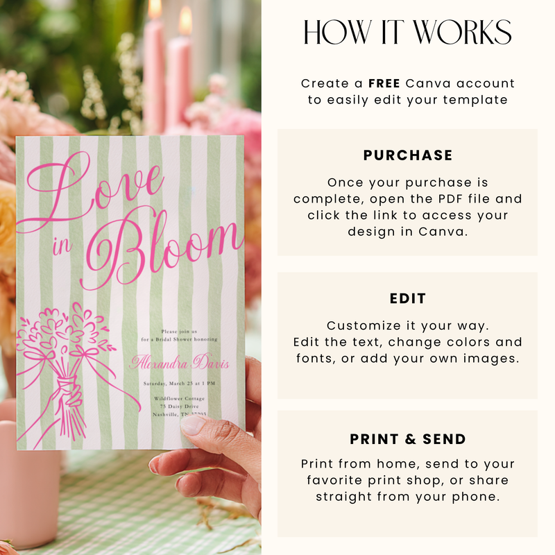 Love In Bloom Bridal Shower Invitation - Preppy Green Stripe Invite L128