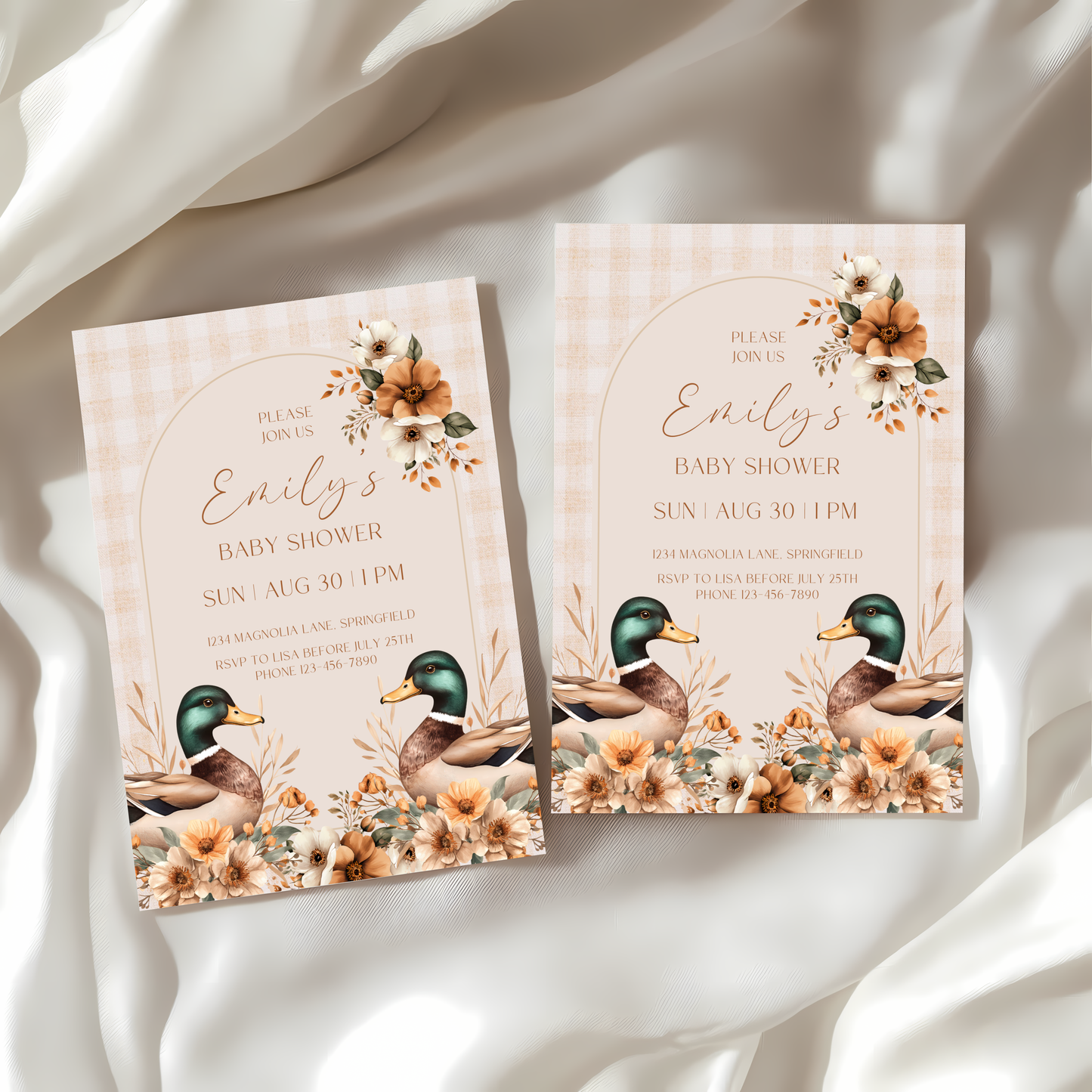 Baby Shower Invitation - Mallard Duck Gingham Beige Waterfowl BS132