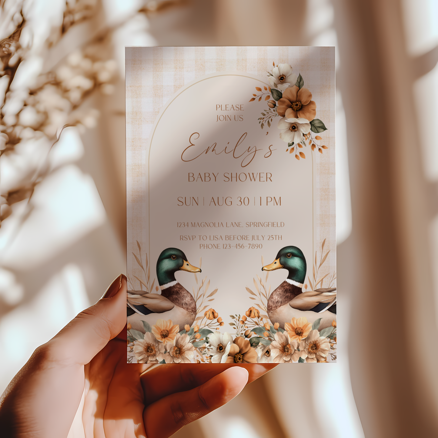 Baby Shower Invitation - Mallard Duck Gingham Beige Waterfowl BS132