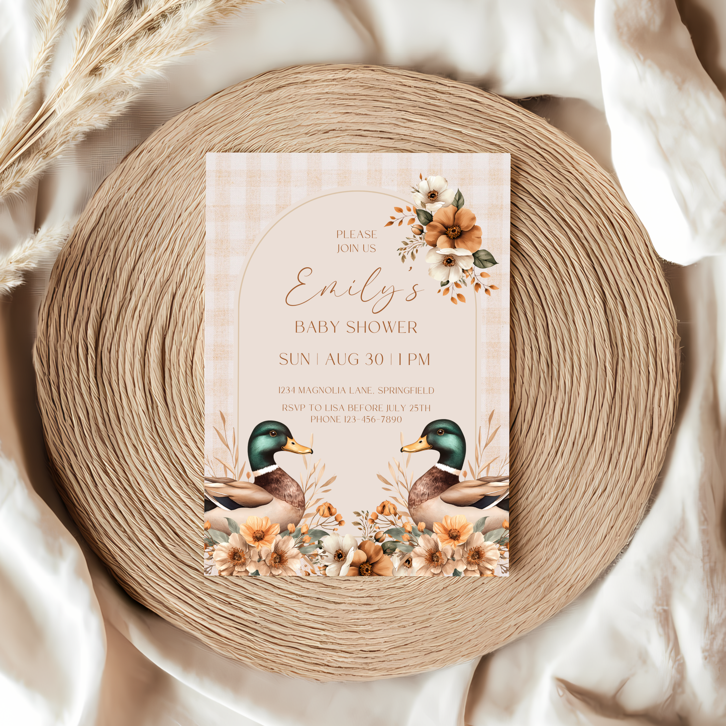 Baby Shower Invitation - Mallard Duck Gingham Beige Waterfowl BS132