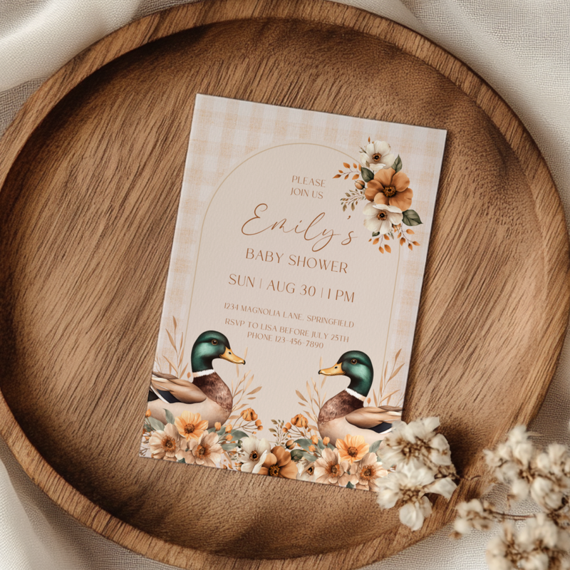 Baby Shower Invitation - Mallard Duck Gingham Beige Waterfowl BS132