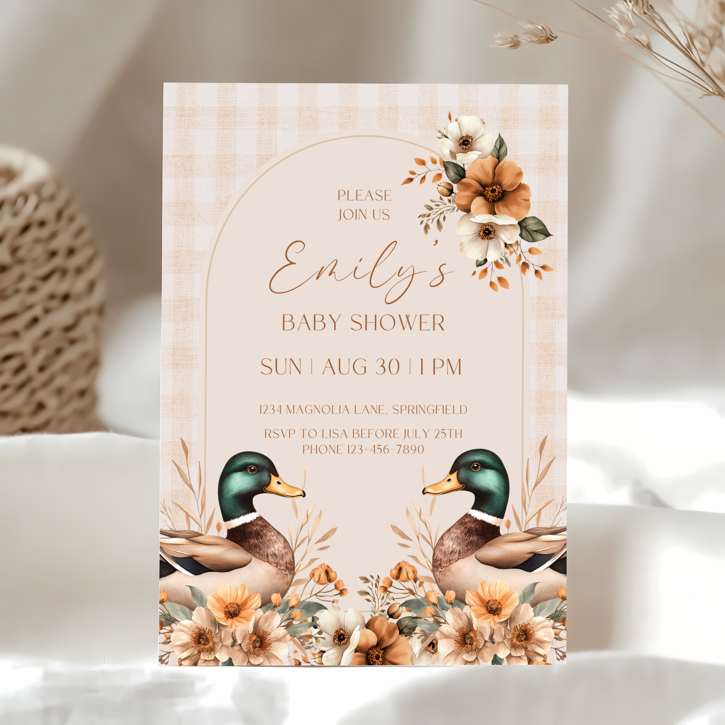 Baby Shower Invitation - Mallard Duck Gingham Beige Waterfowl BS132