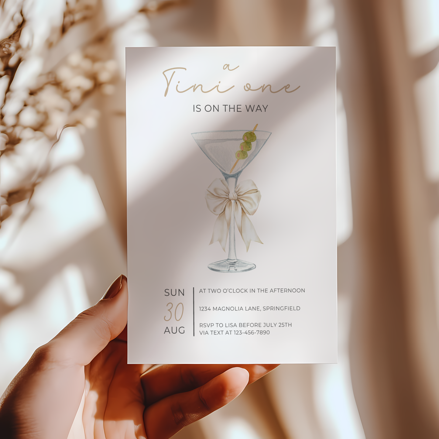 Baby Shower Invitation - Martini A Tini One Is On The Way Minimalistic Gender Neutral Beige BS122