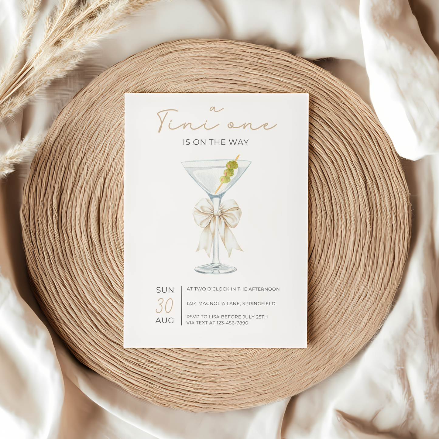 Baby Shower Invitation - Martini A Tini One Is On The Way Minimalistic Gender Neutral Beige BS122