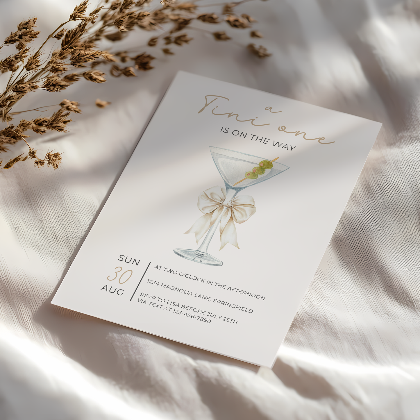 Baby Shower Invitation - Martini A Tini One Is On The Way Minimalistic Gender Neutral Beige BS122