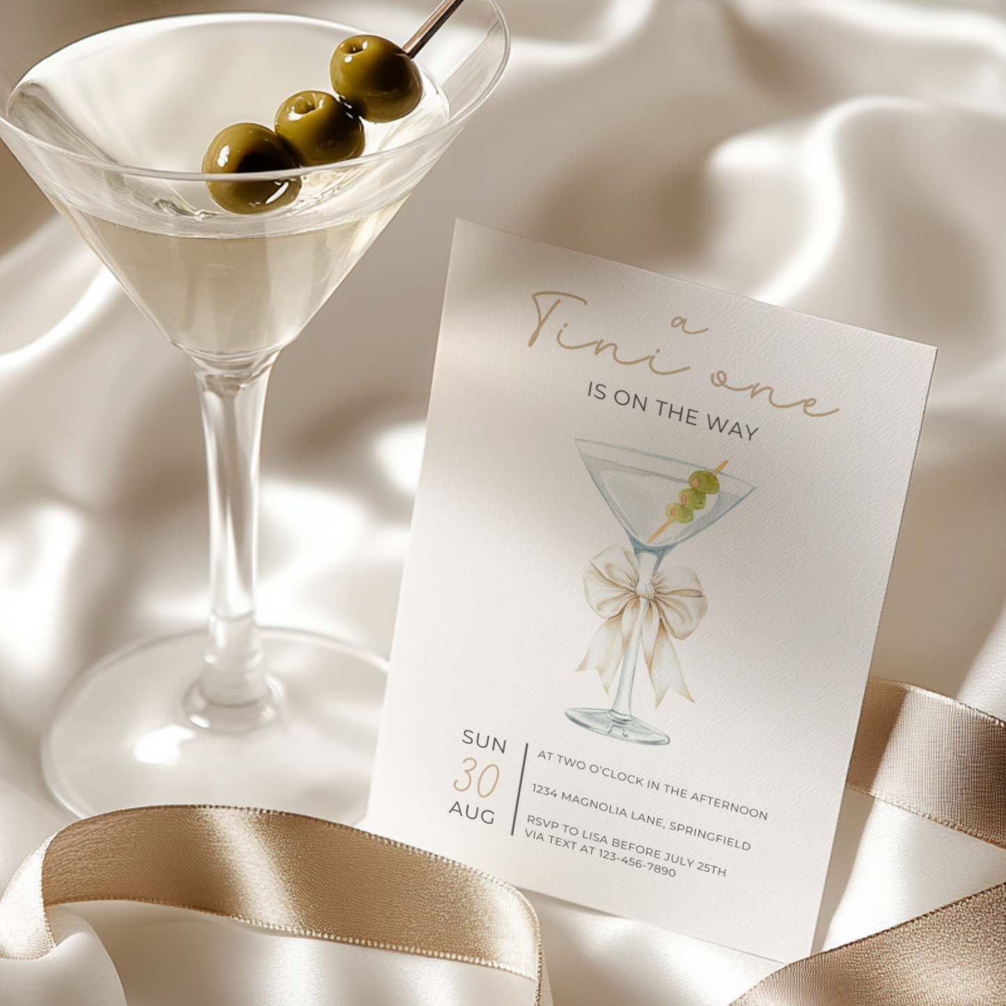 Baby Shower Invitation - Martini A Tini One Is On The Way Minimalistic Gender Neutral Beige BS122