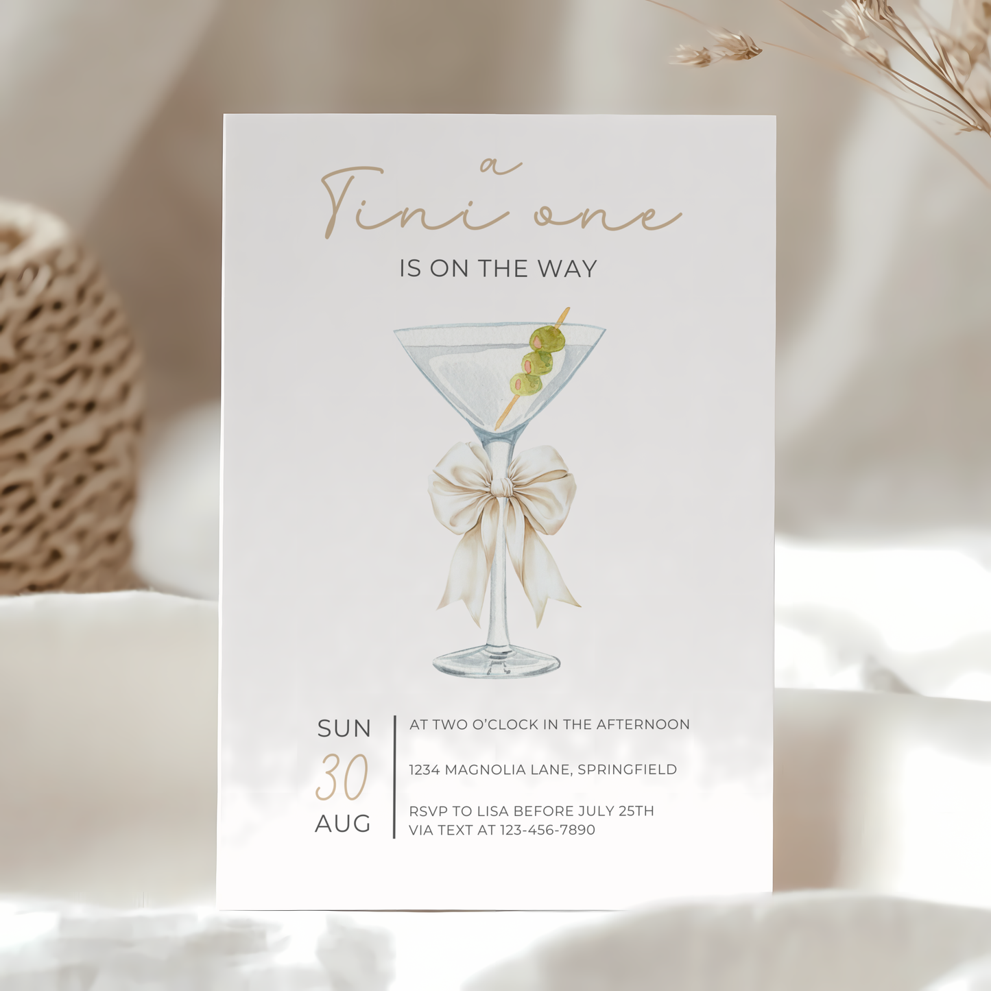 Baby Shower Invitation - Martini A Tini One Is On The Way Minimalistic Gender Neutral Beige BS122