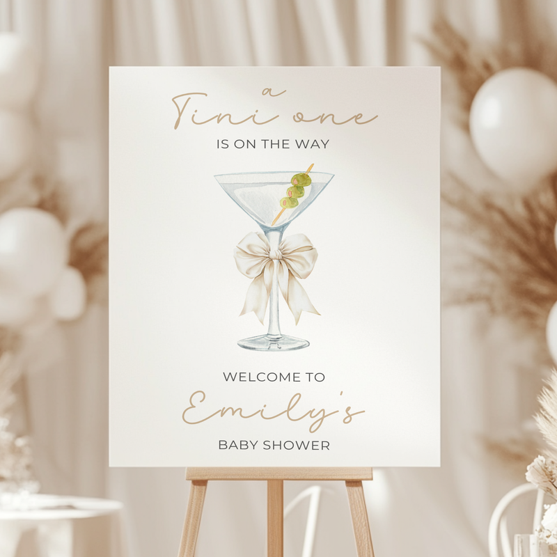 Baby Shower Welcome Sign - Martini Cocktail Theme A Tini One Is On The Way Neutral Beige BS122