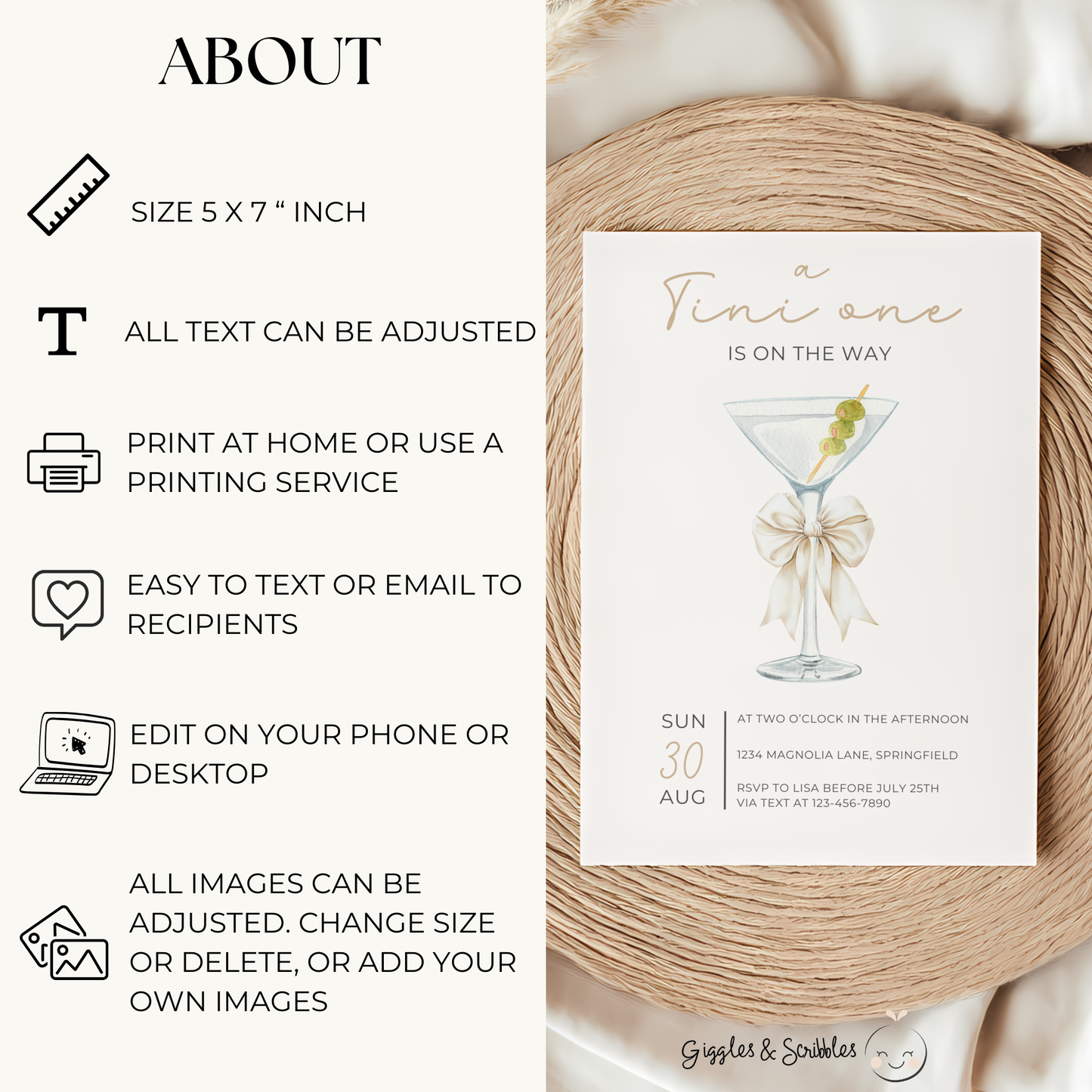 Baby Shower Invitation - Martini A Tini One Is On The Way Minimalistic Gender Neutral Beige BS122