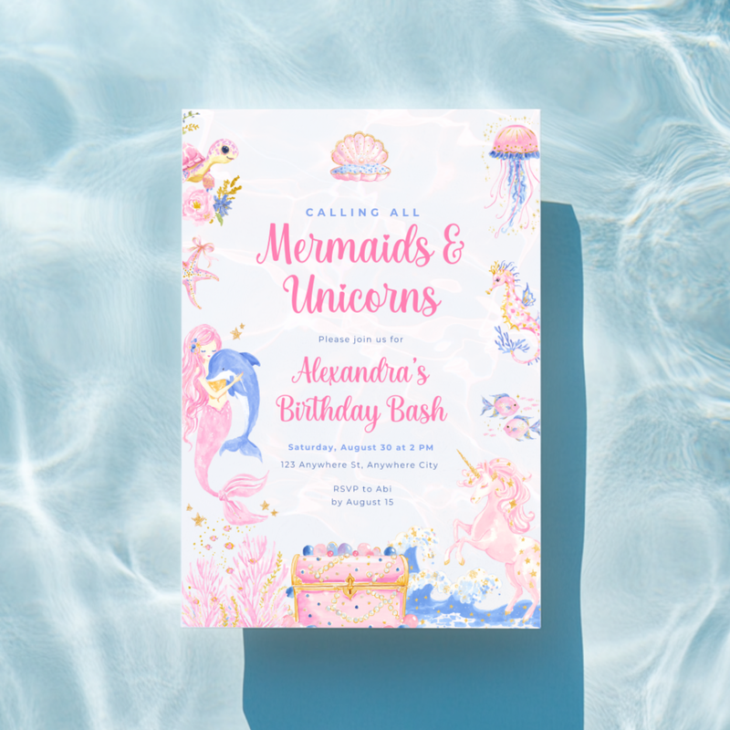 Mermaid and Unicorn Birthday Invitation L101