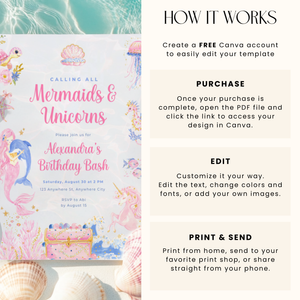 Mermaid and Unicorn Birthday Invitation L101