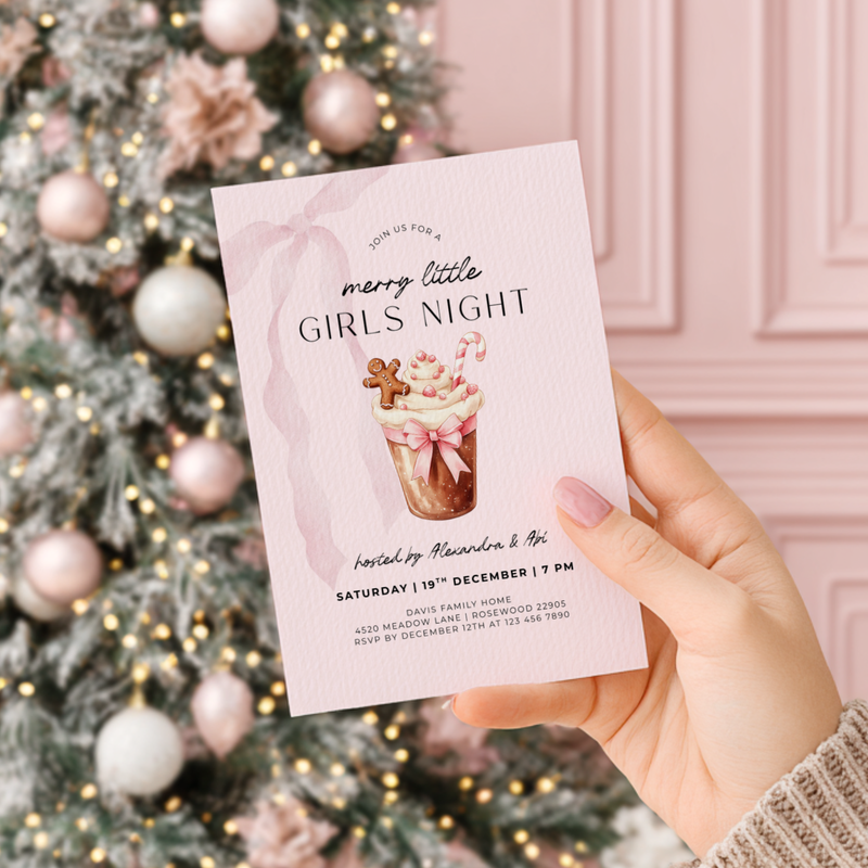 Editable Pink Christmas Girls Night Party Invitation Template L27