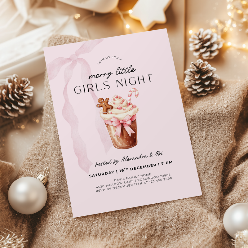 Editable Pink Christmas Girls Night Party Invitation Template L27