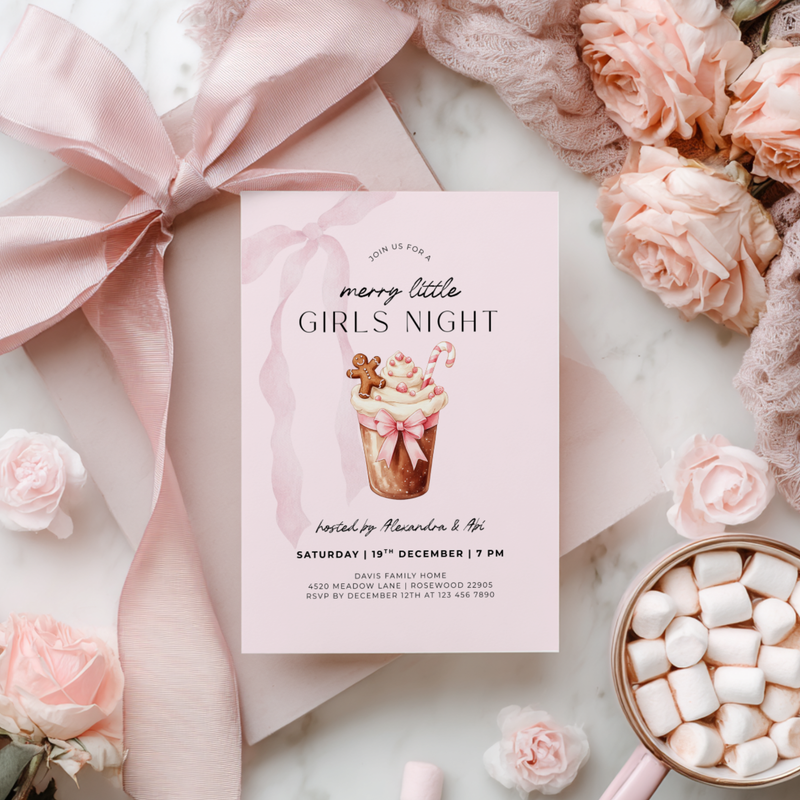 Editable Pink Christmas Girls Night Party Invitation Template L27