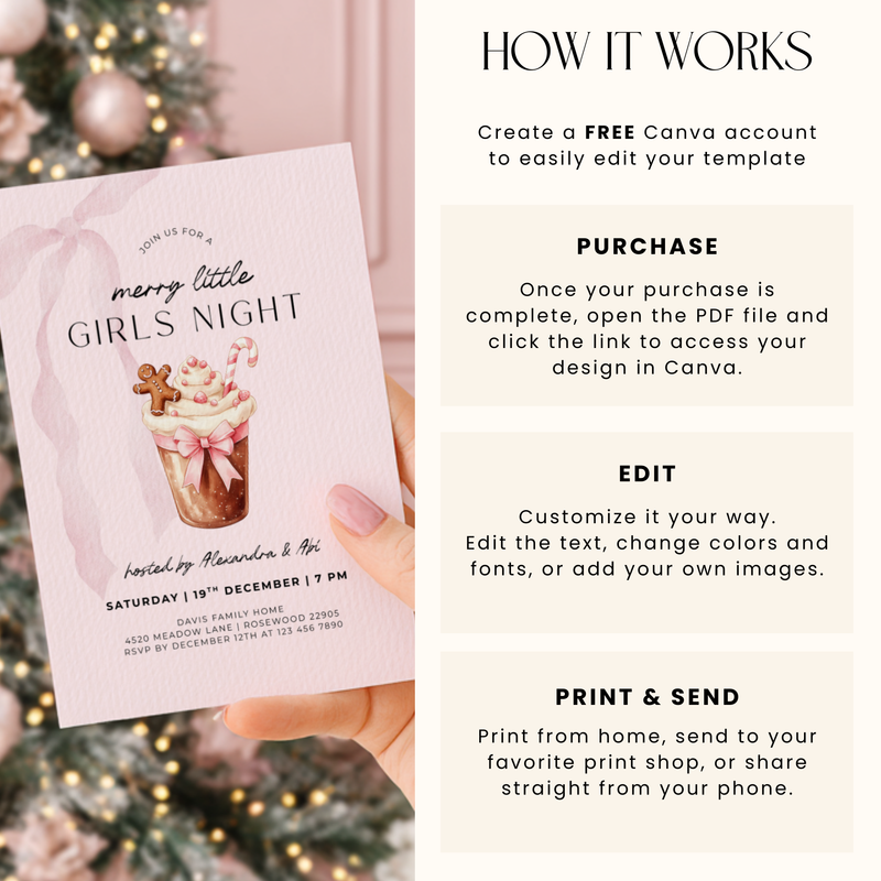 Editable Pink Christmas Girls Night Party Invitation Template L27