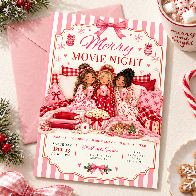 Pink Christmas Movie Night Invitation L180