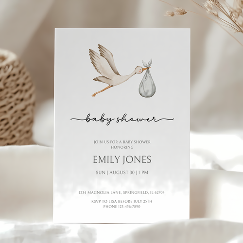 Baby Shower Invitation - Minimalistic Stork Gender Neutral Vintage BS106