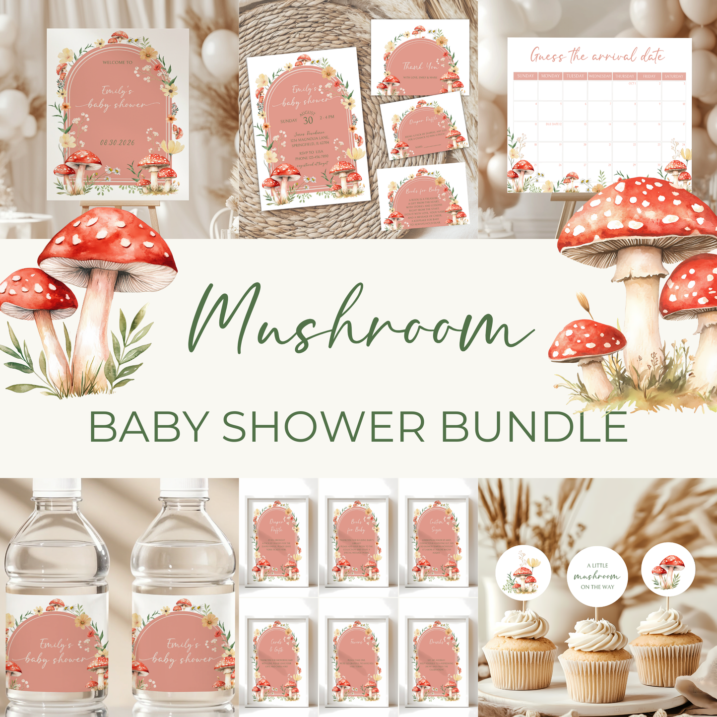 Baby Shower Mega Bundle - Red Mushroom Fall Woodland Forest Little Fungi BS82