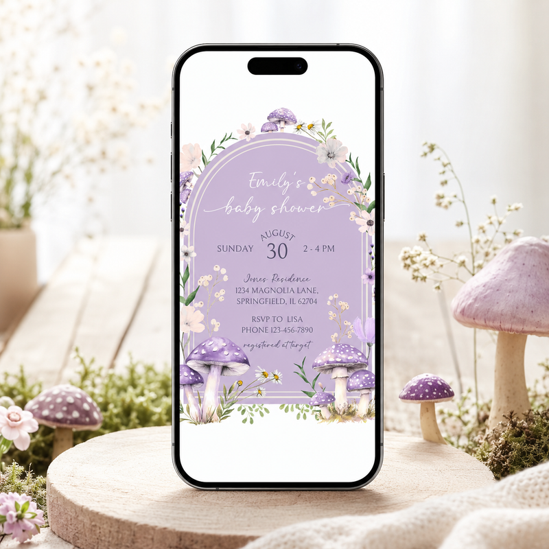 Purple Mushroom Woodland Baby Shower Invitation Bundle BS82