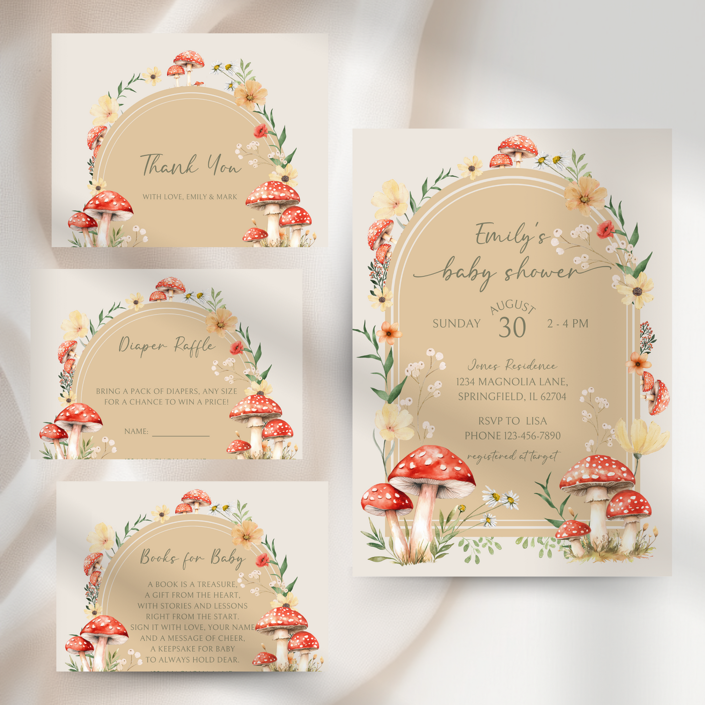 Baby Shower Invitation Bundle - Little Fungi On The Way Fall Mushroom Neutral Beige Forest BS82