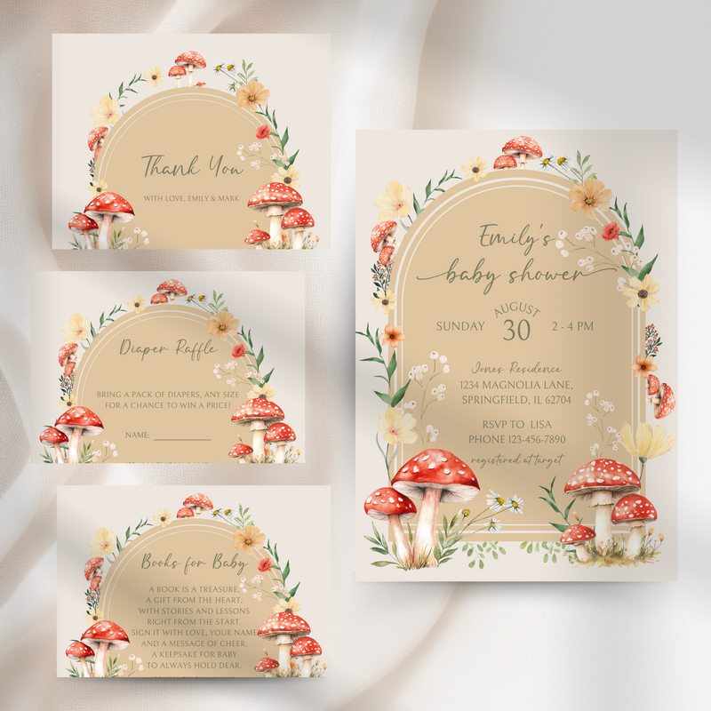 Baby Shower Invitation Bundle - Little Fungi On The Way Fall Mushroom Neutral Beige Forest BS82