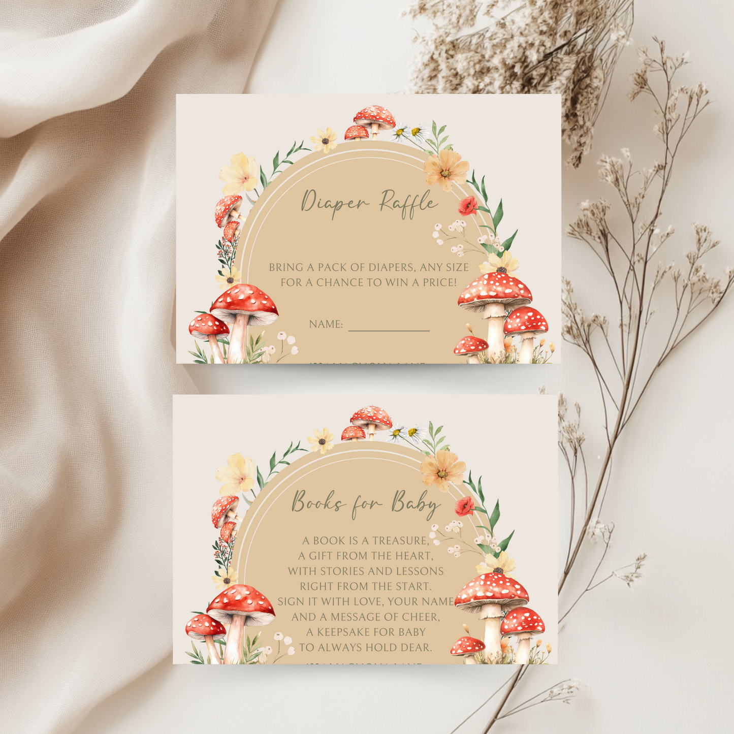 Baby Shower Invitation Bundle - Little Fungi On The Way Fall Mushroom Neutral Beige Forest BS82