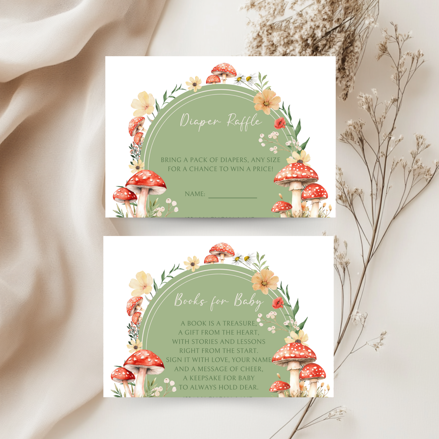 Baby Shower Invitation Bundle - Little Fungi On The Way Green Red Mushroom BS82