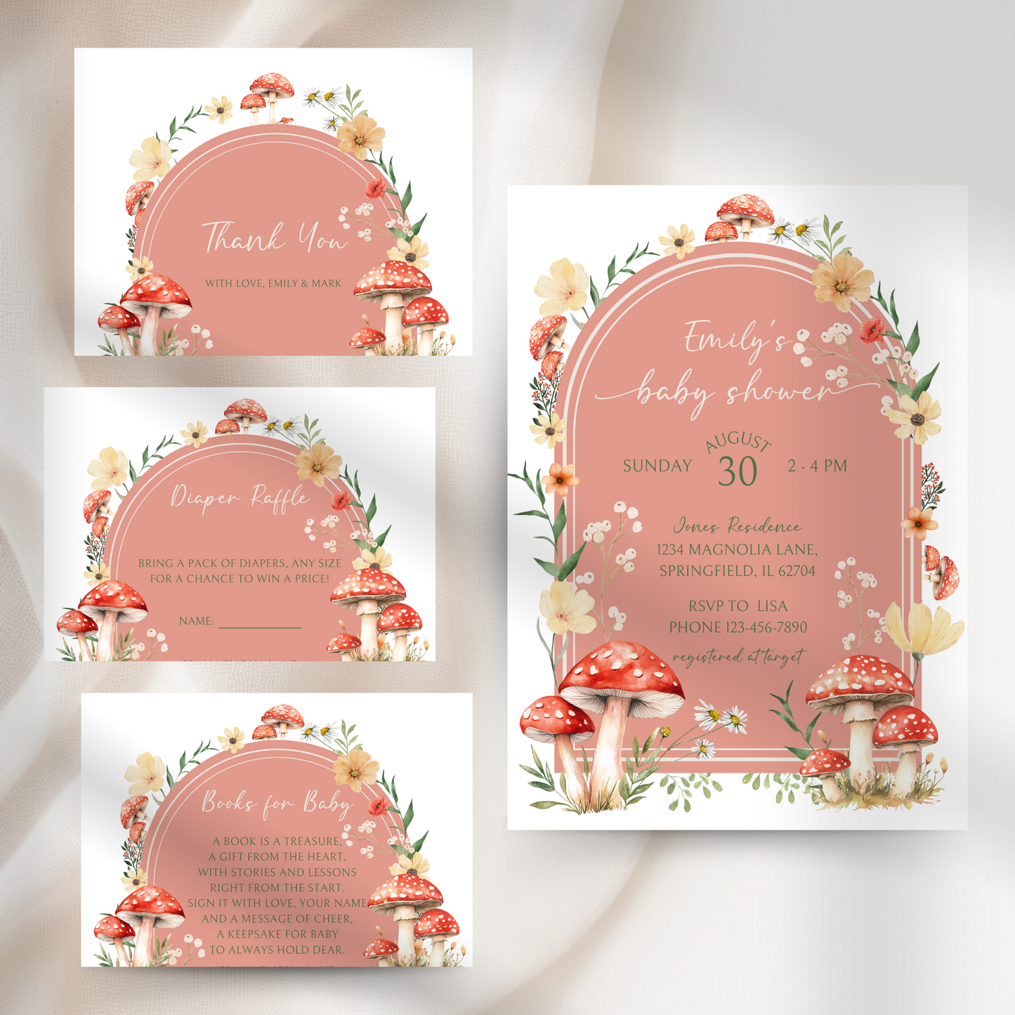 Baby Shower Invitation Bundle - Red Mushroom Little Fungi Enchanted Woodland Forest BS82
