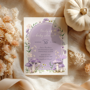 Baby Shower Invitation - Mushroom Magical Woodland Lavender Lilac Enchanted Forest BS82