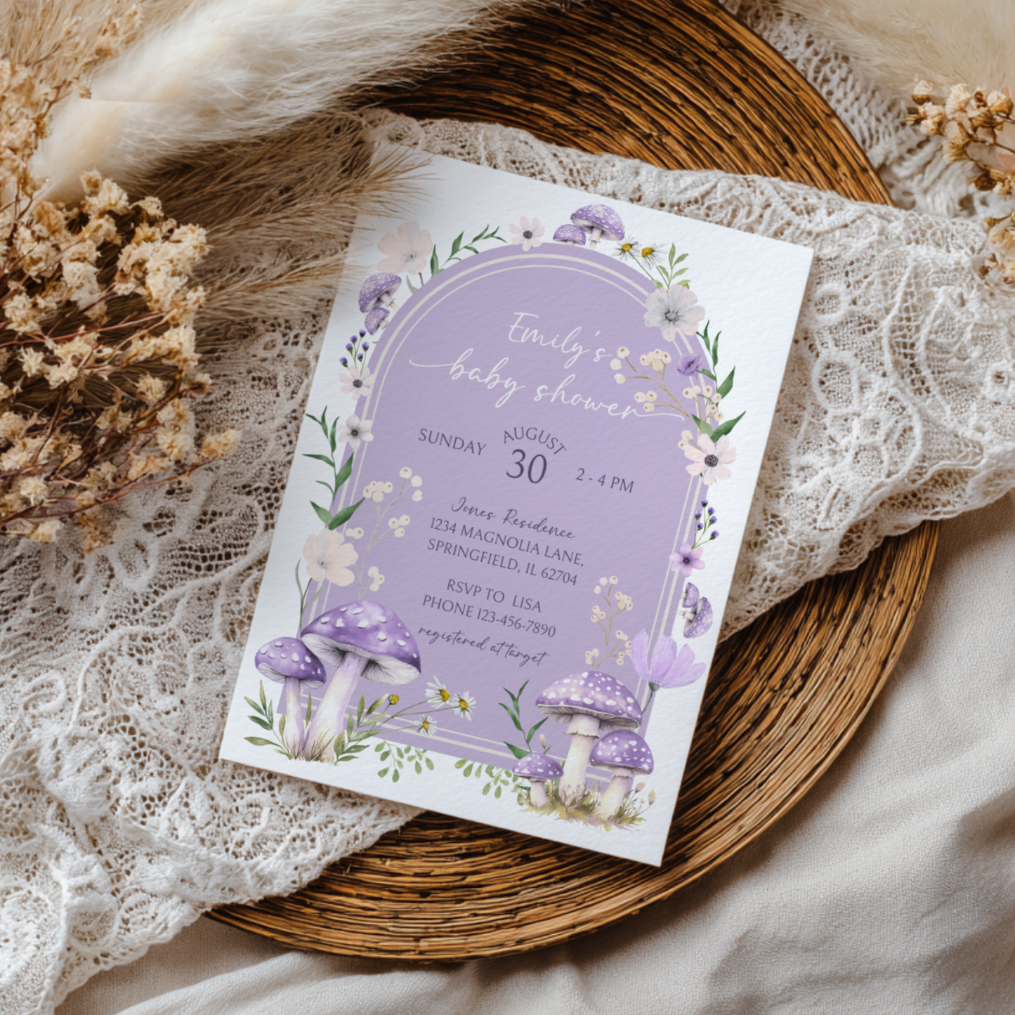 Baby Shower Invitation Bundle - Purple Mushroom Woodland Forest BS82