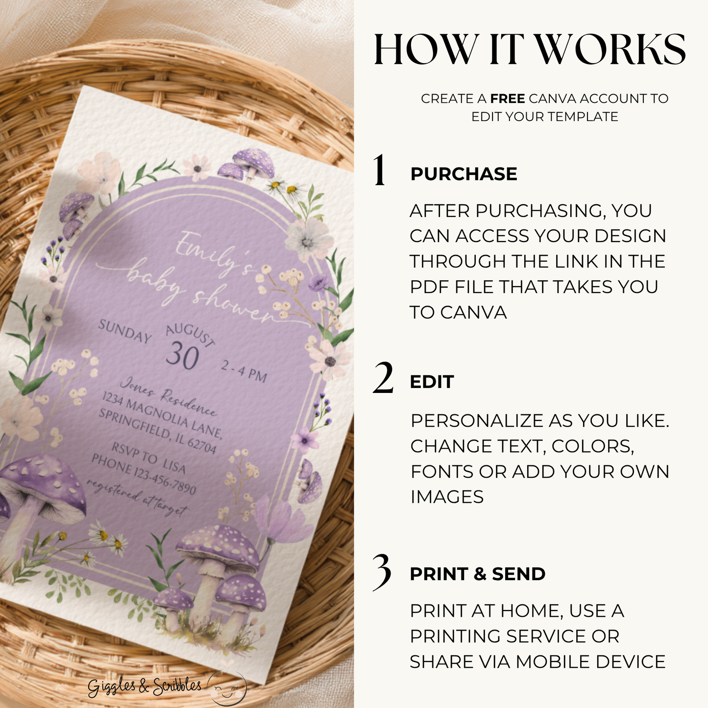 Baby Shower Invitation Bundle - Purple Mushroom Woodland Forest BS82