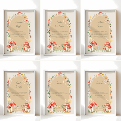 Baby Shower Table Sign Bundle - Little Fungi Neutral Beige Mushroom Woodland Forest BS82