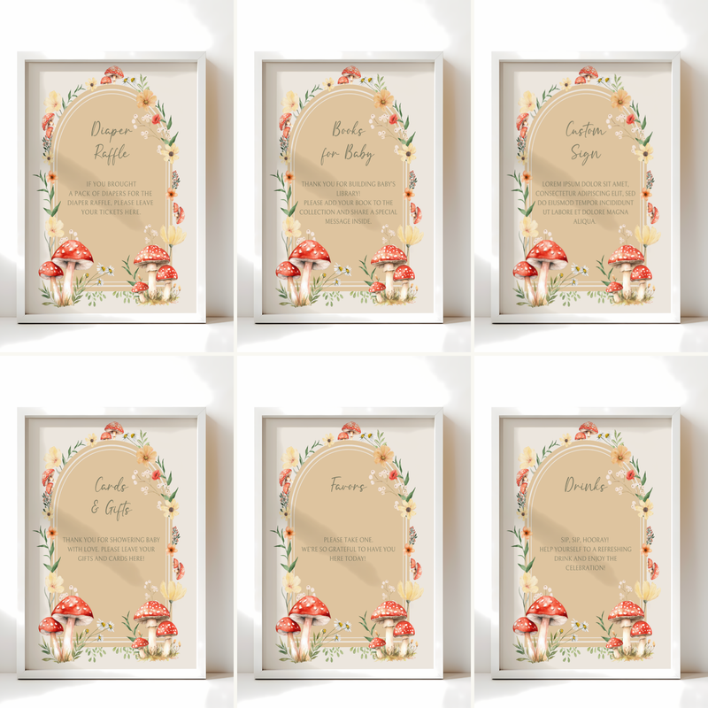 Baby Shower Table Sign Bundle - Little Fungi Neutral Beige Mushroom Woodland Forest BS82