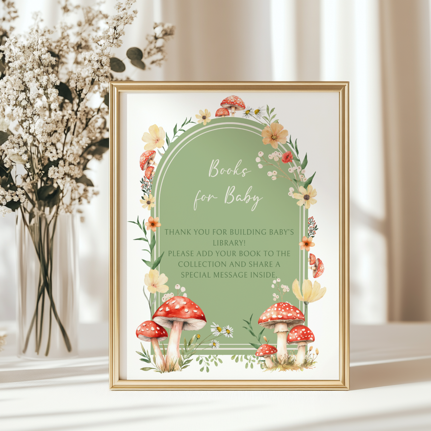 Baby Shower Table Sign Bundle - Green Mushroom Little Fungi Woodland Forest BS82