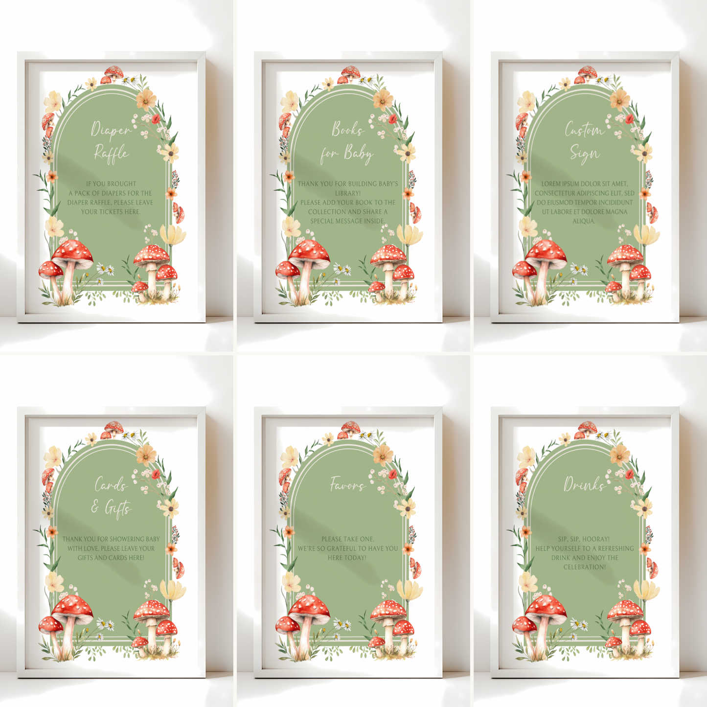 Baby Shower Table Sign Bundle - Green Mushroom Little Fungi Woodland Forest BS82