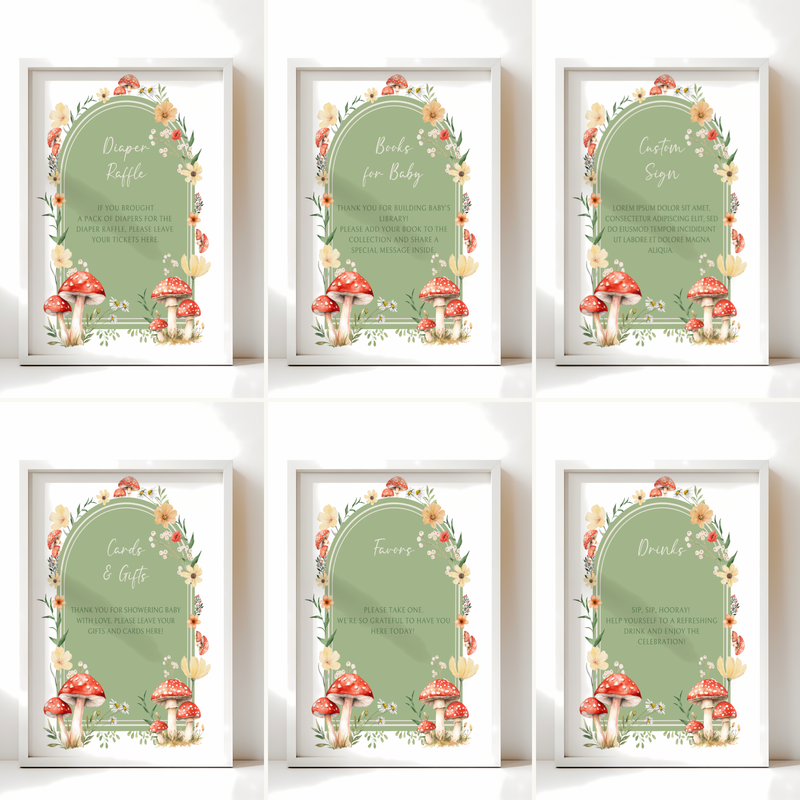 Baby Shower Table Sign Bundle - Green Mushroom Little Fungi Woodland Forest BS82