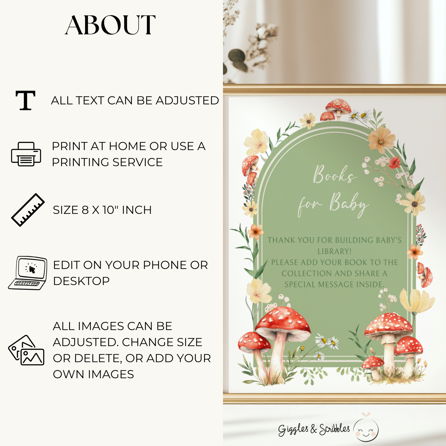 Baby Shower Table Sign Bundle - Green Mushroom Little Fungi Woodland Forest BS82