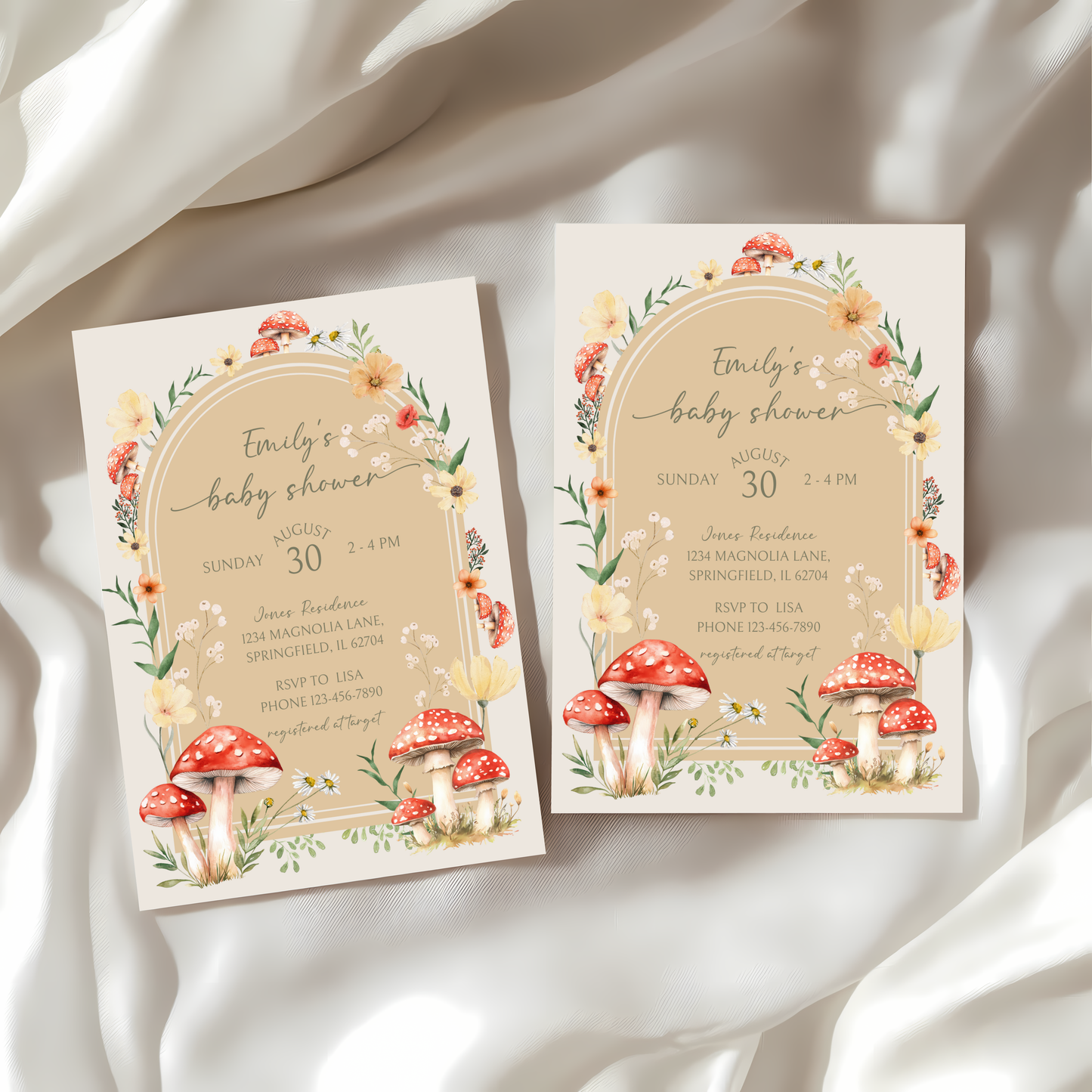 Baby Shower Invitation - Mushroom Enchanted Woodland Forest Fungi Fall Beige BS82