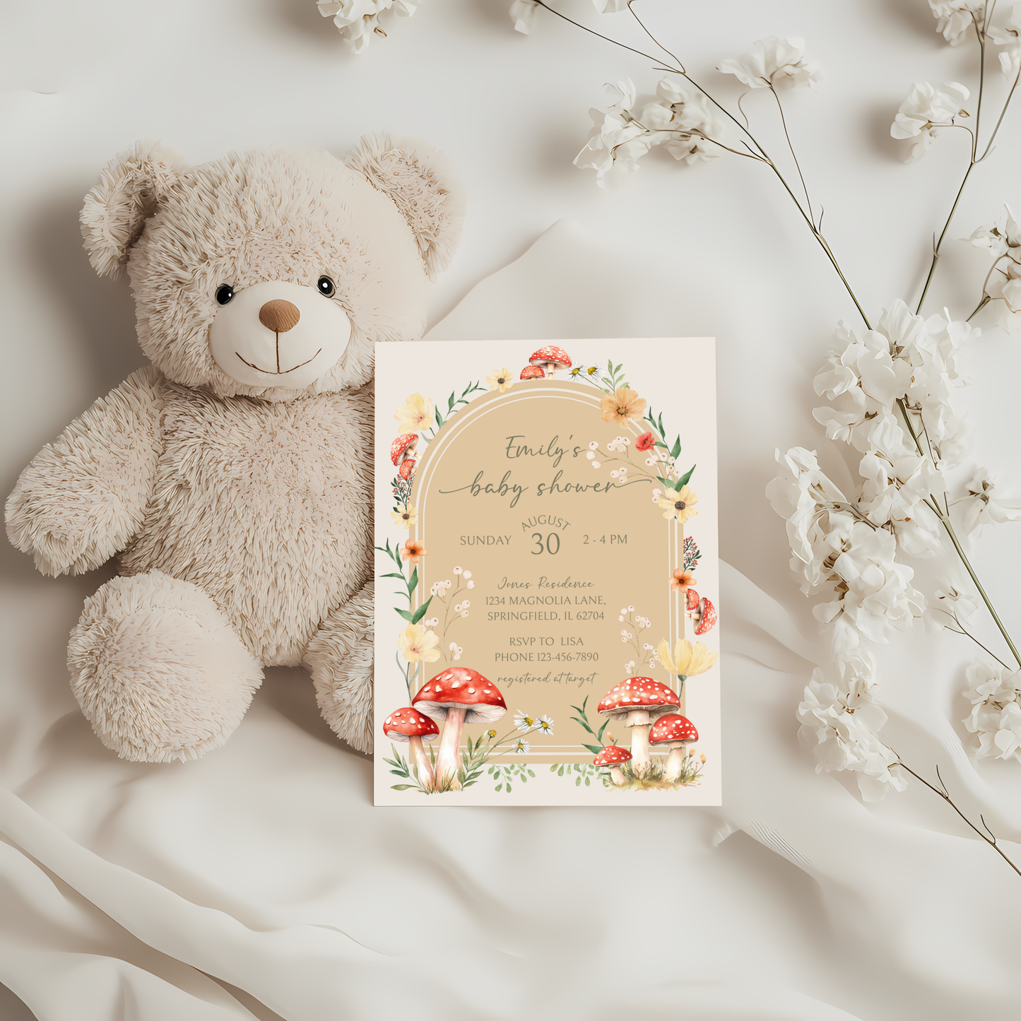 Baby Shower Invitation - Mushroom Enchanted Woodland Forest Fungi Fall Beige BS82