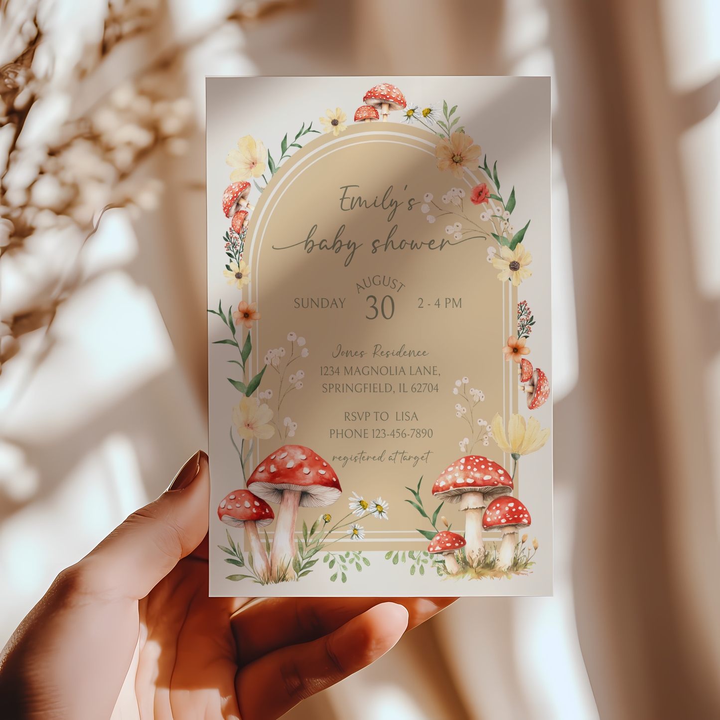 Baby Shower Invitation - Mushroom Enchanted Woodland Forest Fungi Fall Beige BS82