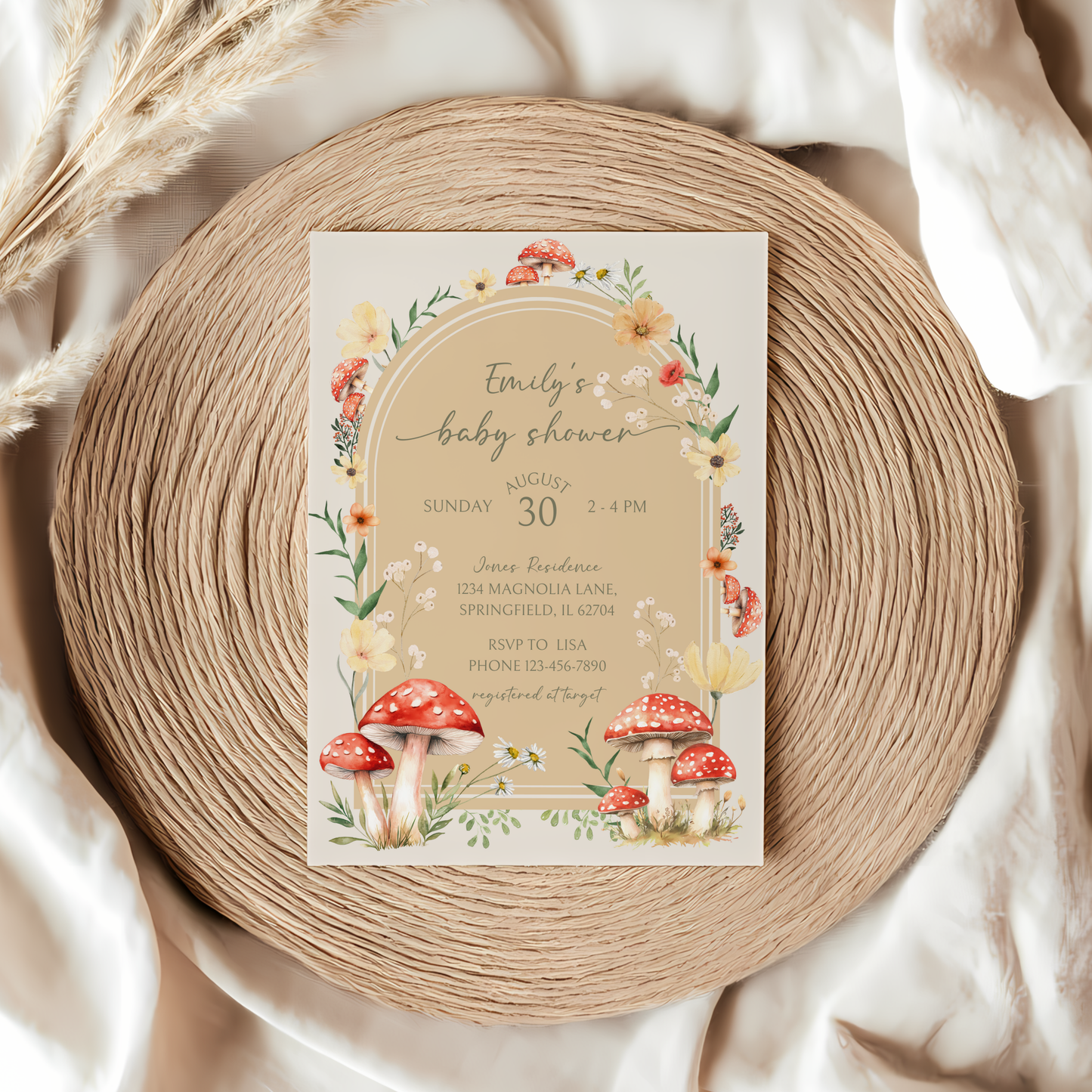 Baby Shower Invitation - Mushroom Enchanted Woodland Forest Fungi Fall Beige BS82