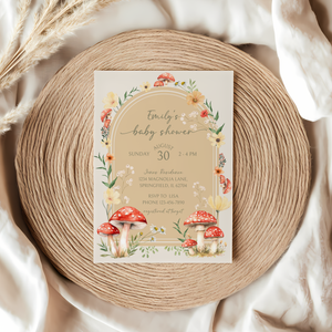 Baby Shower Invitation - Mushroom Enchanted Woodland Forest Fungi Fall Beige BS82