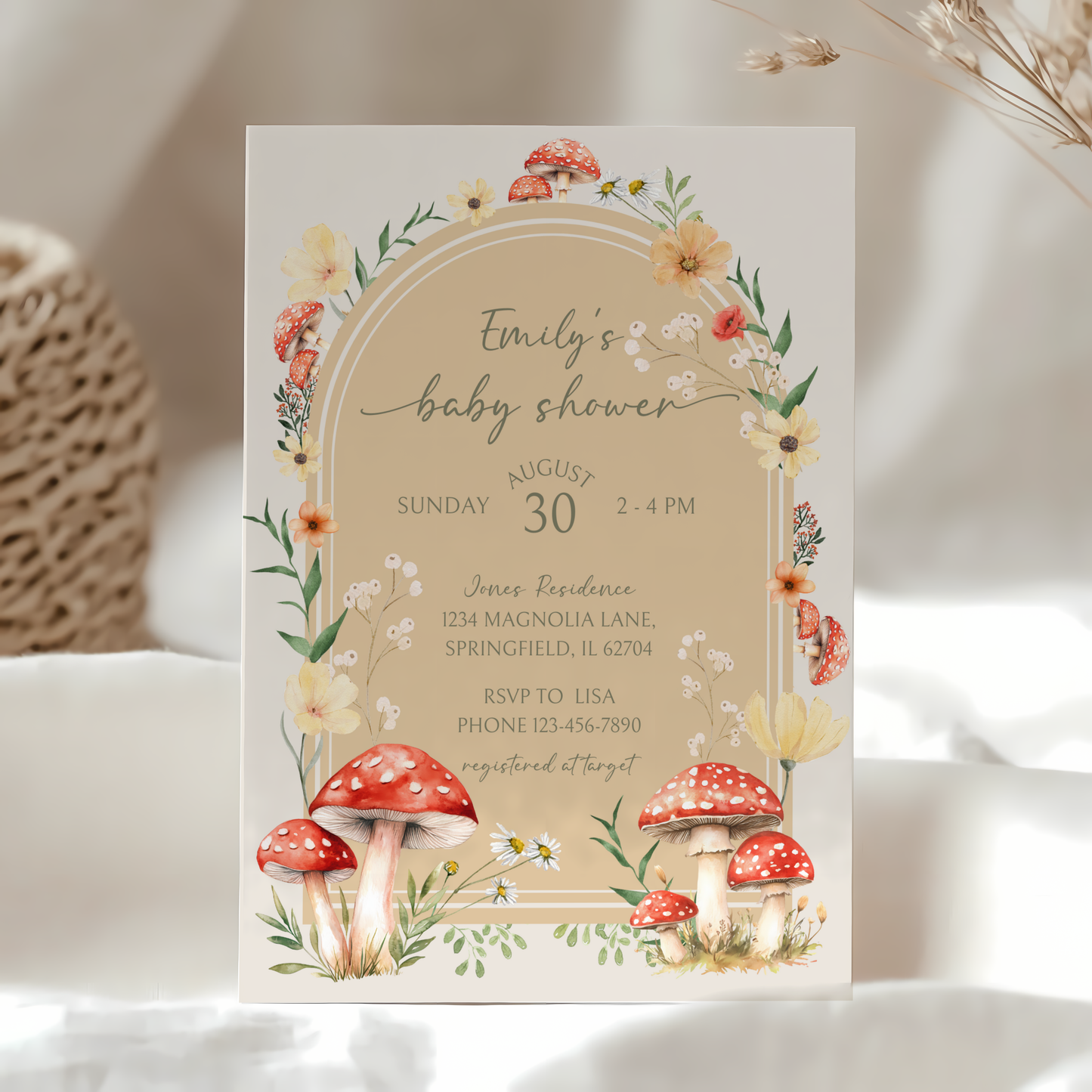 Baby Shower Invitation Bundle - Little Fungi On The Way Fall Mushroom Neutral Beige Forest BS82