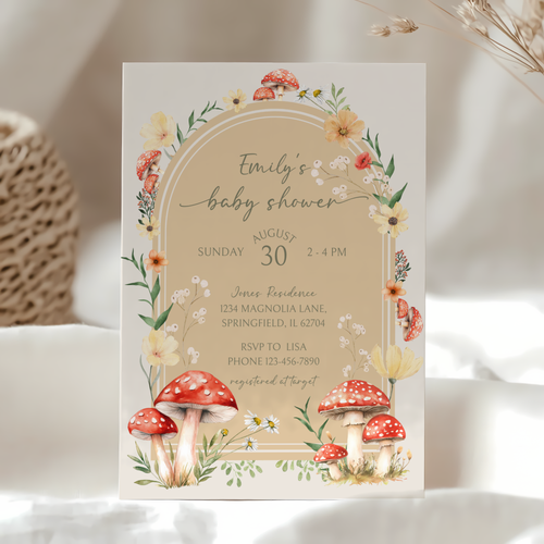 Baby Shower Invitation - Mushroom Enchanted Woodland Forest Fungi Fall Beige BS82