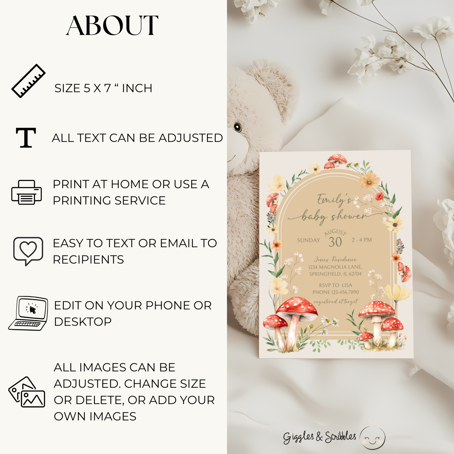 Baby Shower Invitation - Mushroom Enchanted Woodland Forest Fungi Fall Beige BS82