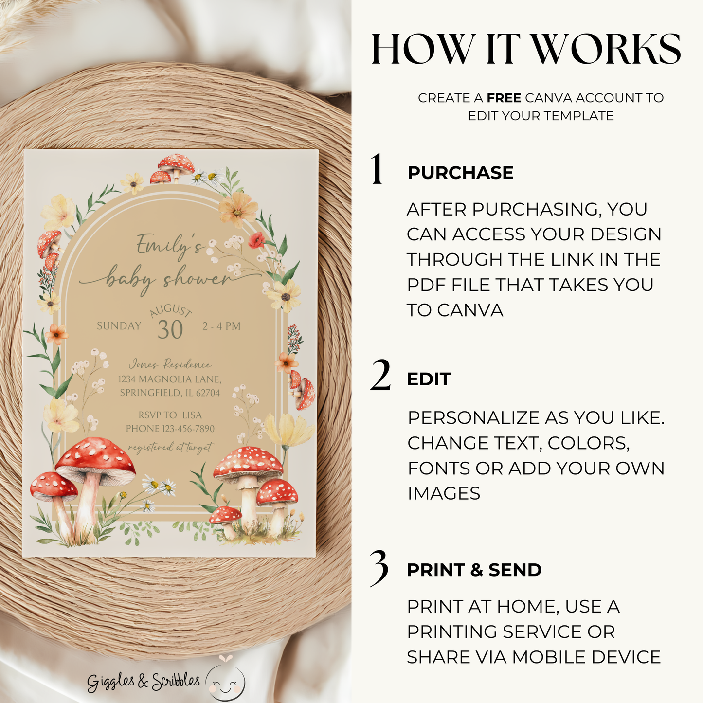 Baby Shower Invitation Bundle - Little Fungi On The Way Fall Mushroom Neutral Beige Forest BS82