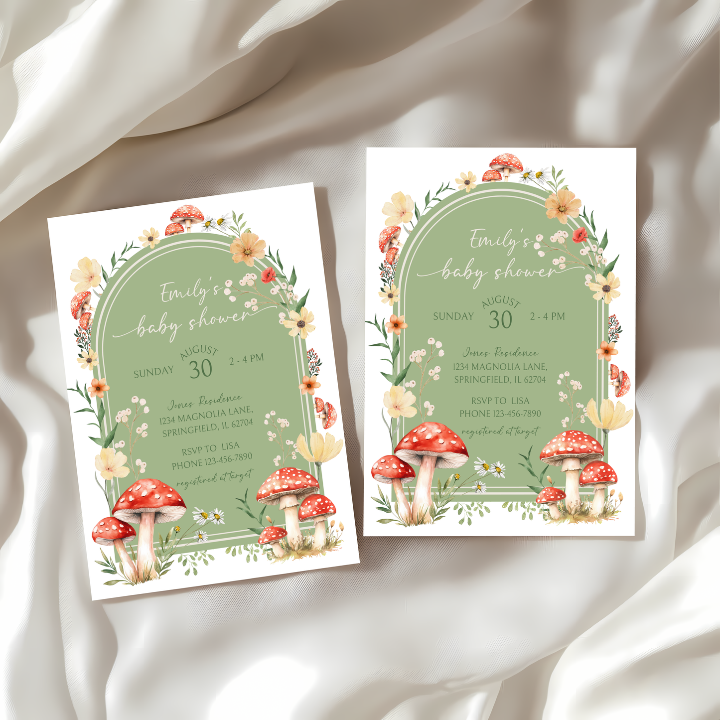 Baby Shower Invitation - Green Mushroom Fungi Fall Woodland Enchanted Forest BS82