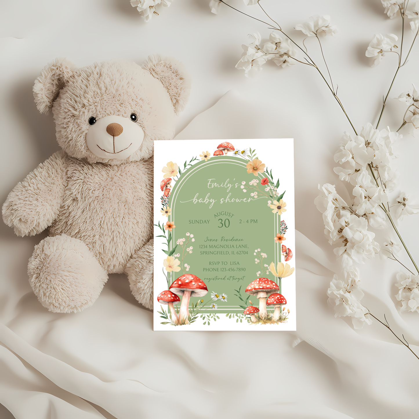 Baby Shower Invitation - Green Mushroom Fungi Fall Woodland Enchanted Forest BS82